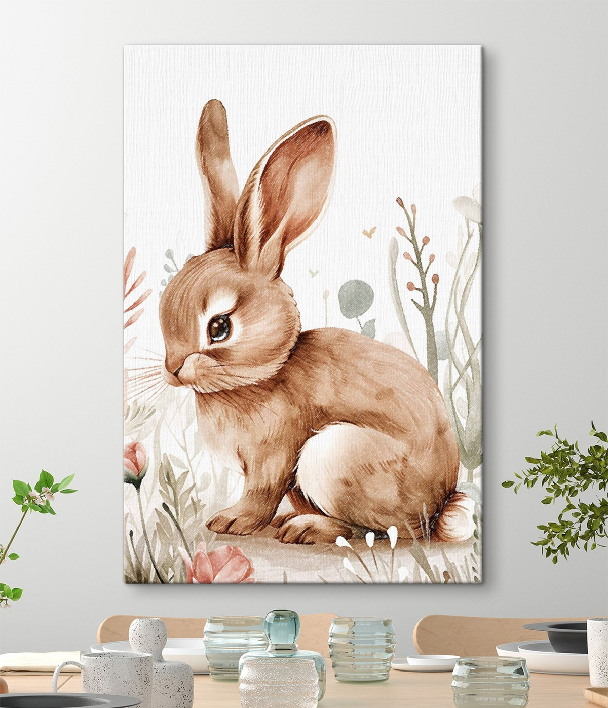 Schattig konijntje in bloemen, potloodtekening — interieur 1