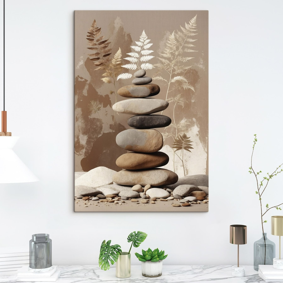 Stapel gladde stenen met een botanische achtergrond — interieur 6