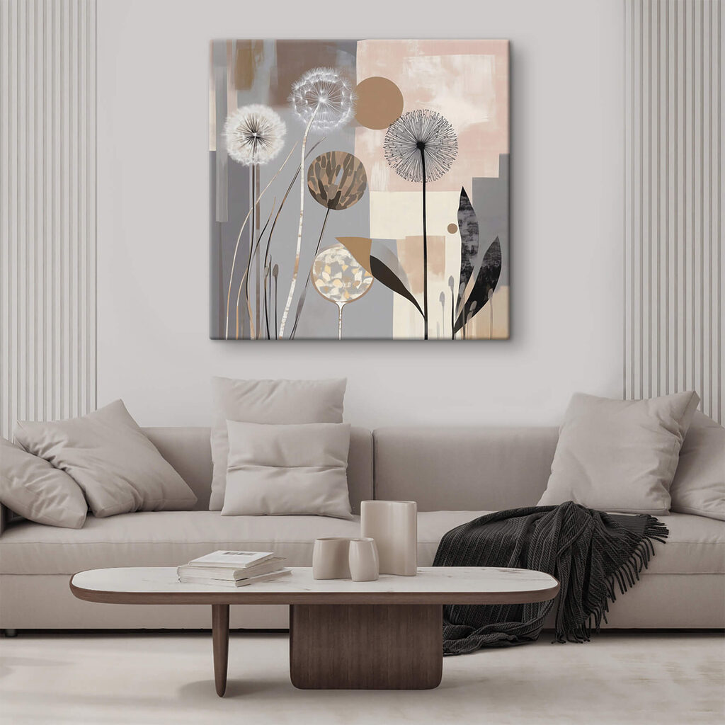 Schilderij van paardenbloemen en planten in een interieur