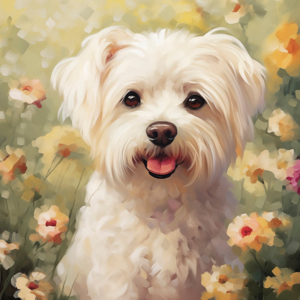 Kleine hond in bloemen — volledig ontwerp