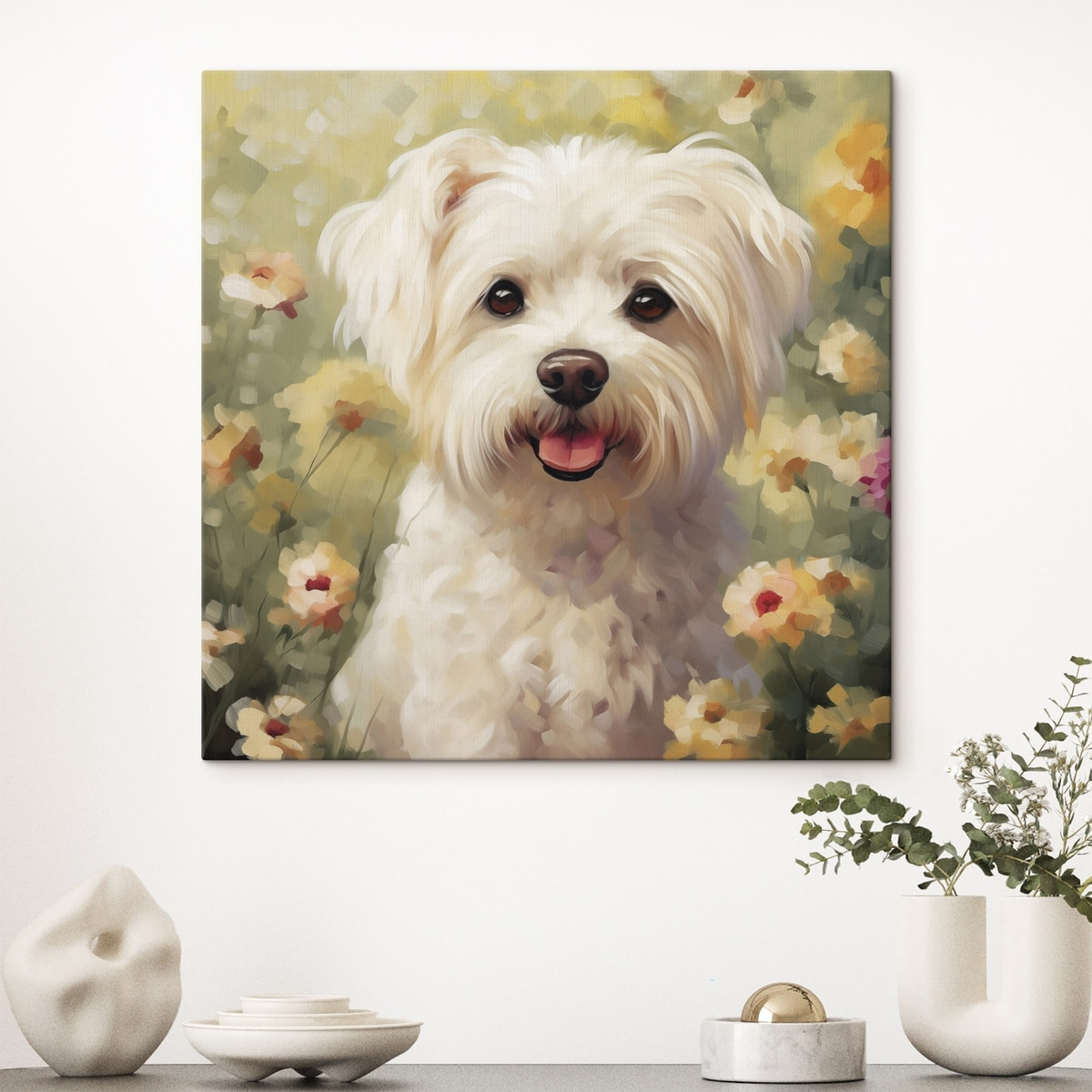 Kleine hond in bloemen — interieur 2