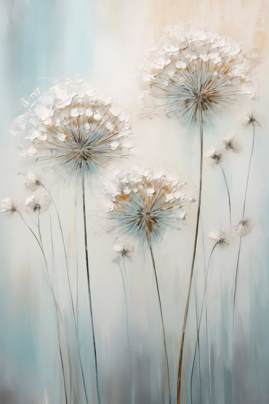 Textuurrijke schilderstijl van paardenbloemen tegen een zachte blauw-witte achtergrond — volledig ontwerp