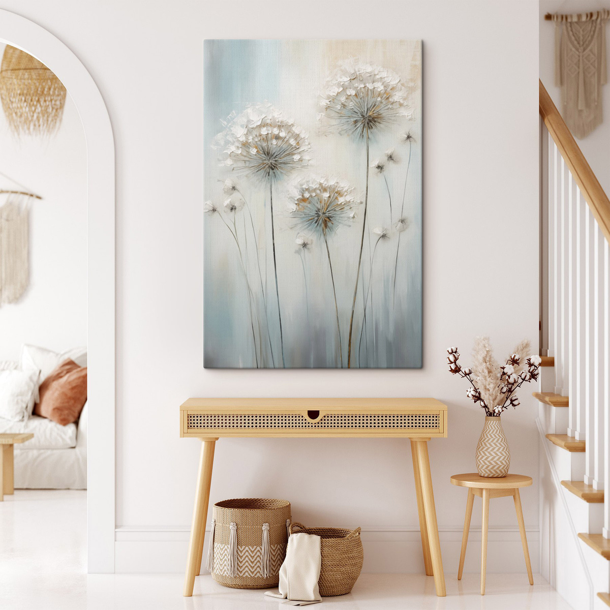 Textuurrijke schilderstijl van paardenbloemen tegen een zachte blauw-witte achtergrond — interieur 2