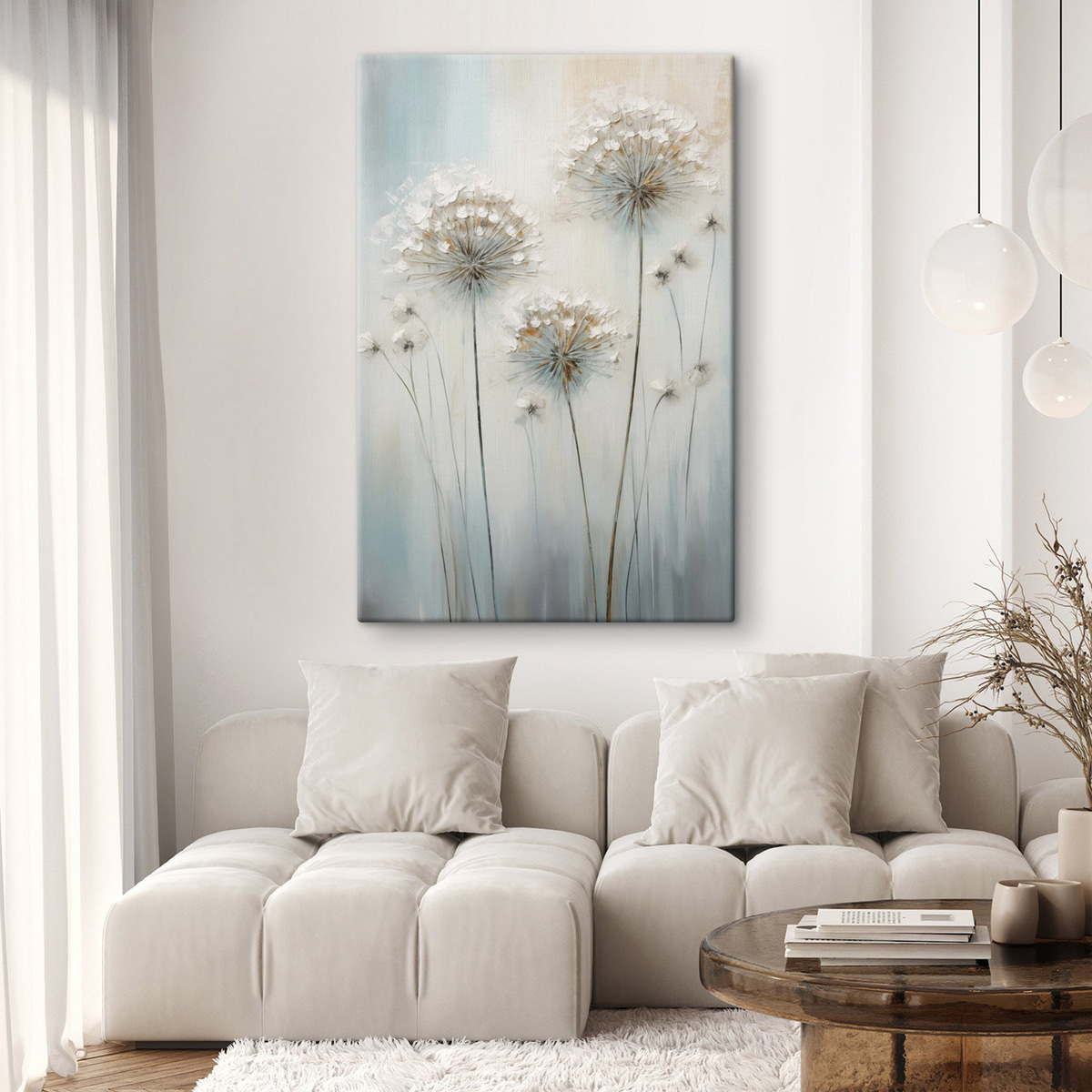 Textuurrijke schilderstijl van paardenbloemen tegen een zachte blauw-witte achtergrond — interieur 1