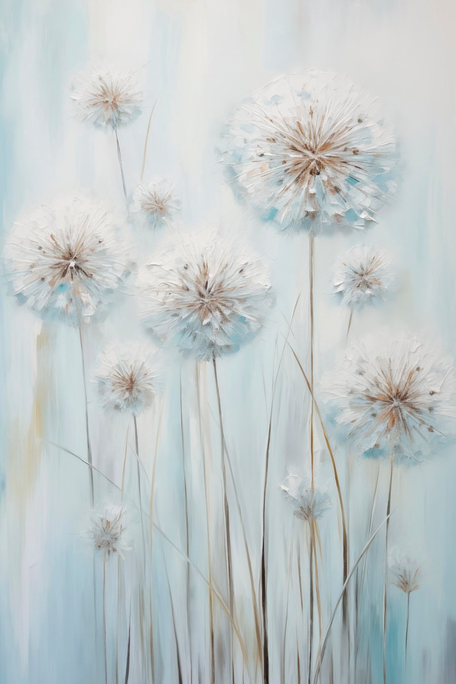Textuurrijke schilderstijl van paardenbloemen tegen een zachte blauw-witte achtergrond — volledig ontwerp