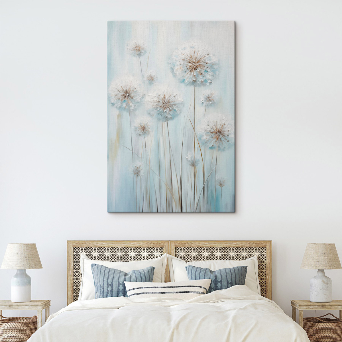 Textuurrijke schilderstijl van paardenbloemen tegen een zachte blauw-witte achtergrond — interieur 1