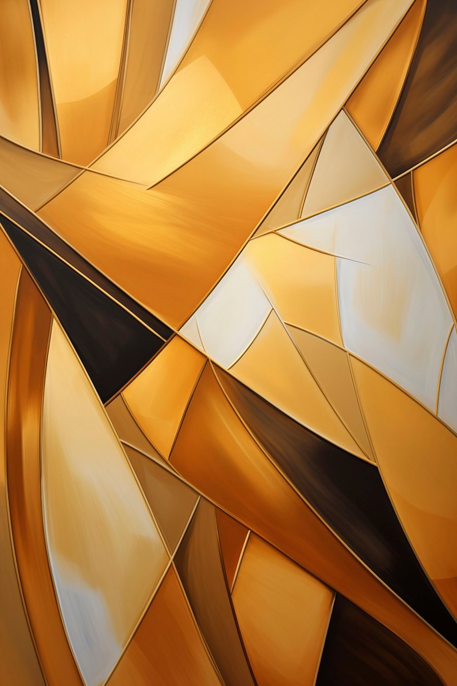 Abstracte geometrische vormen in tinten oranje, bruin en wit met dunne contouren op een gestructureerde achtergrond — volledig ontwerp