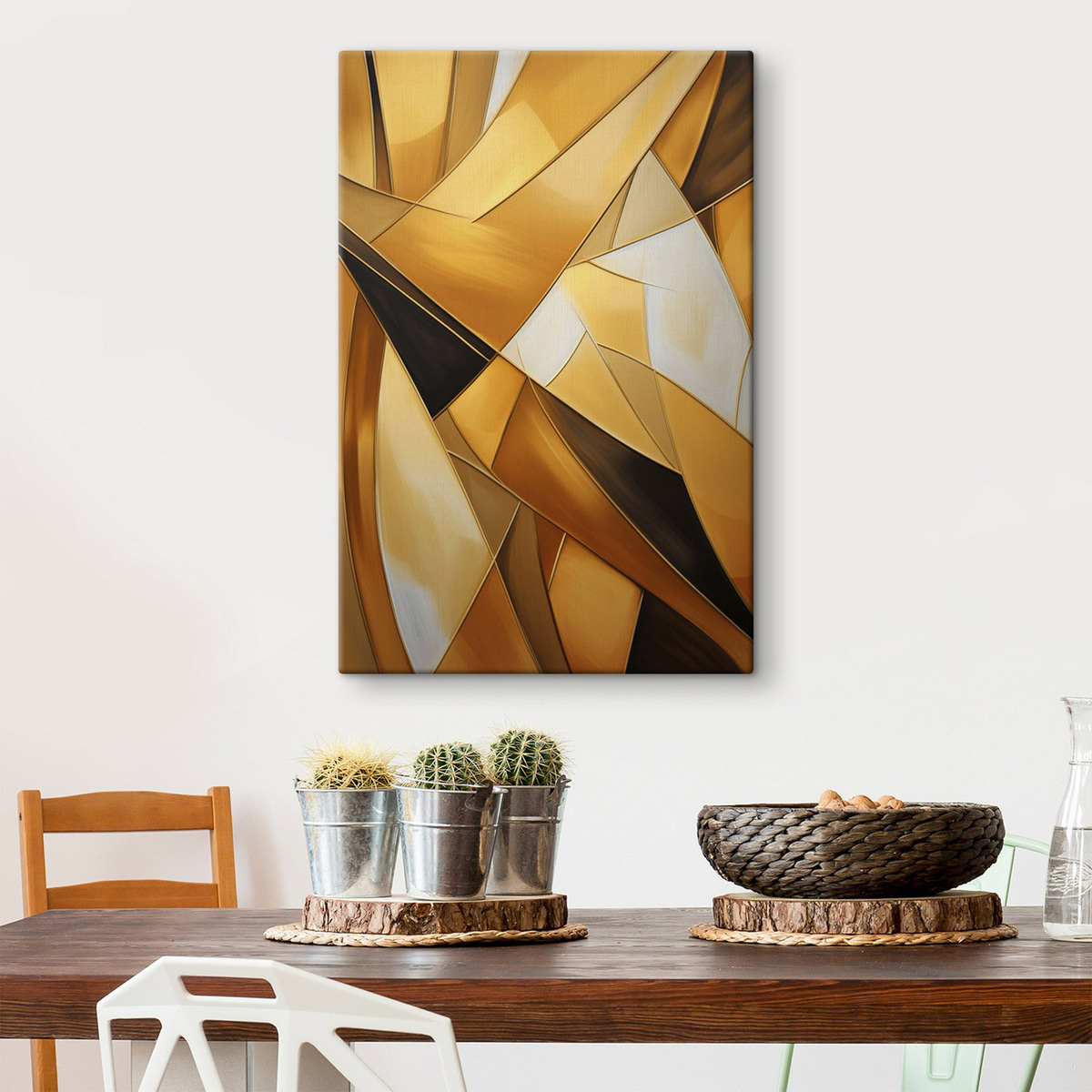 Abstracte geometrische vormen in tinten oranje, bruin en wit met dunne contouren op een gestructureerde achtergrond — interieur 2