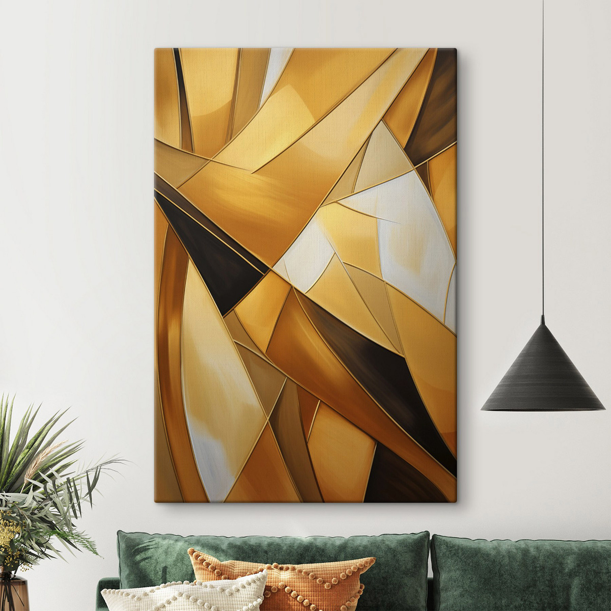 Abstracte geometrische vormen in tinten oranje, bruin en wit met dunne contouren op een gestructureerde achtergrond — interieur 1