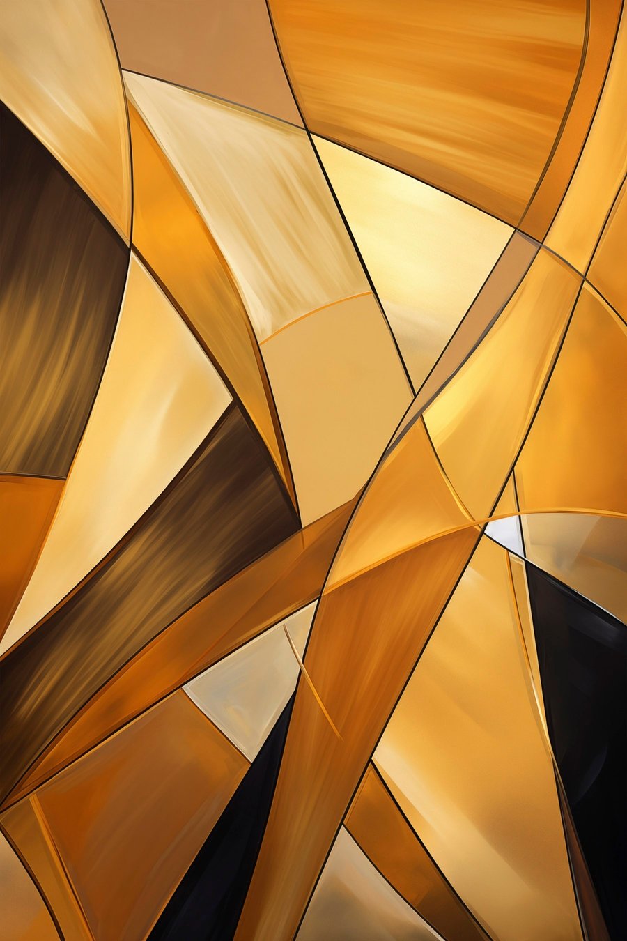 Abstracte geometrische vormen in tinten oranje, bruin en wit met dunne contouren op een gestructureerde achtergrond — volledig ontwerp