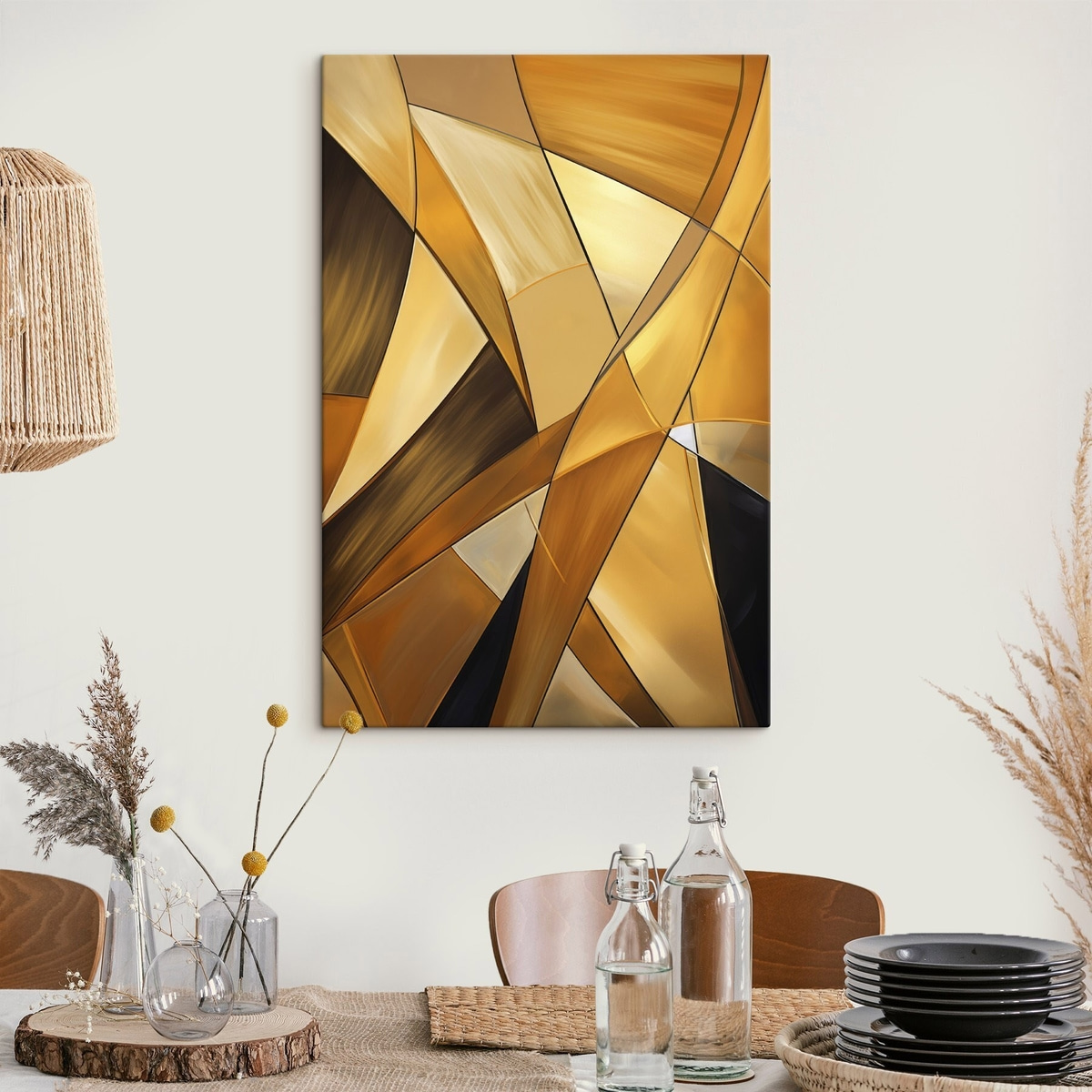 Abstracte geometrische vormen in tinten oranje, bruin en wit met dunne contouren op een gestructureerde achtergrond — interieur 1