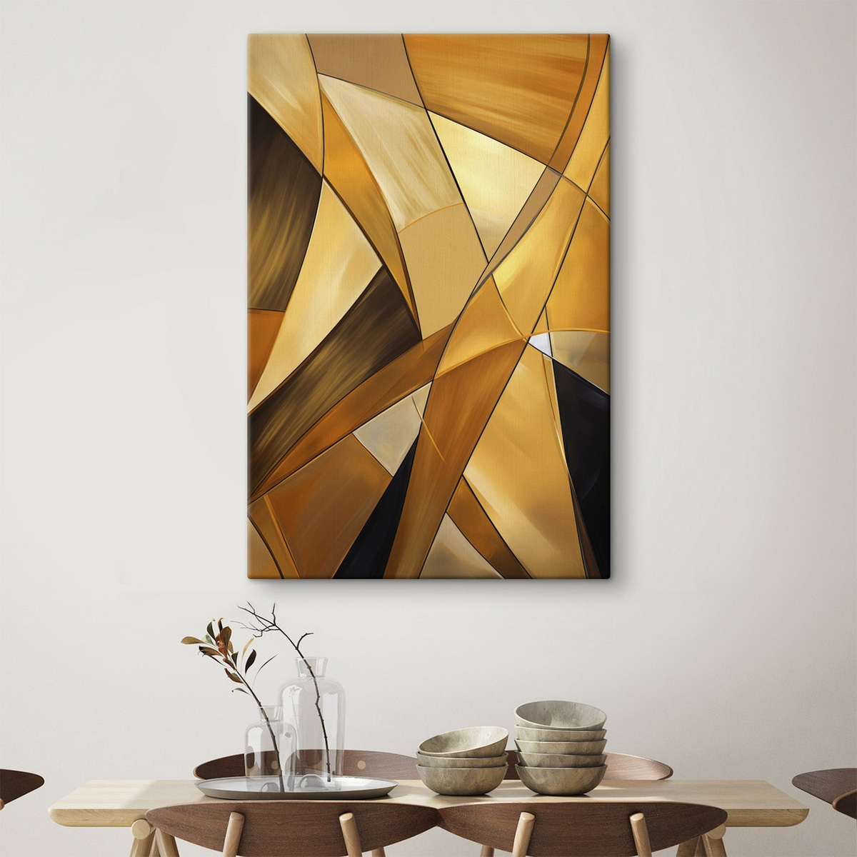 Abstracte geometrische vormen in tinten oranje, bruin en wit met dunne contouren op een gestructureerde achtergrond — interieur 2