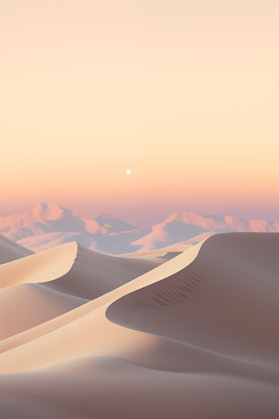 Een woestijnlandschap met glooiende zandduinen onder een zachte pastelkleurige lucht, met in de verte bergen op de achtergrond. — volledig ontwerp