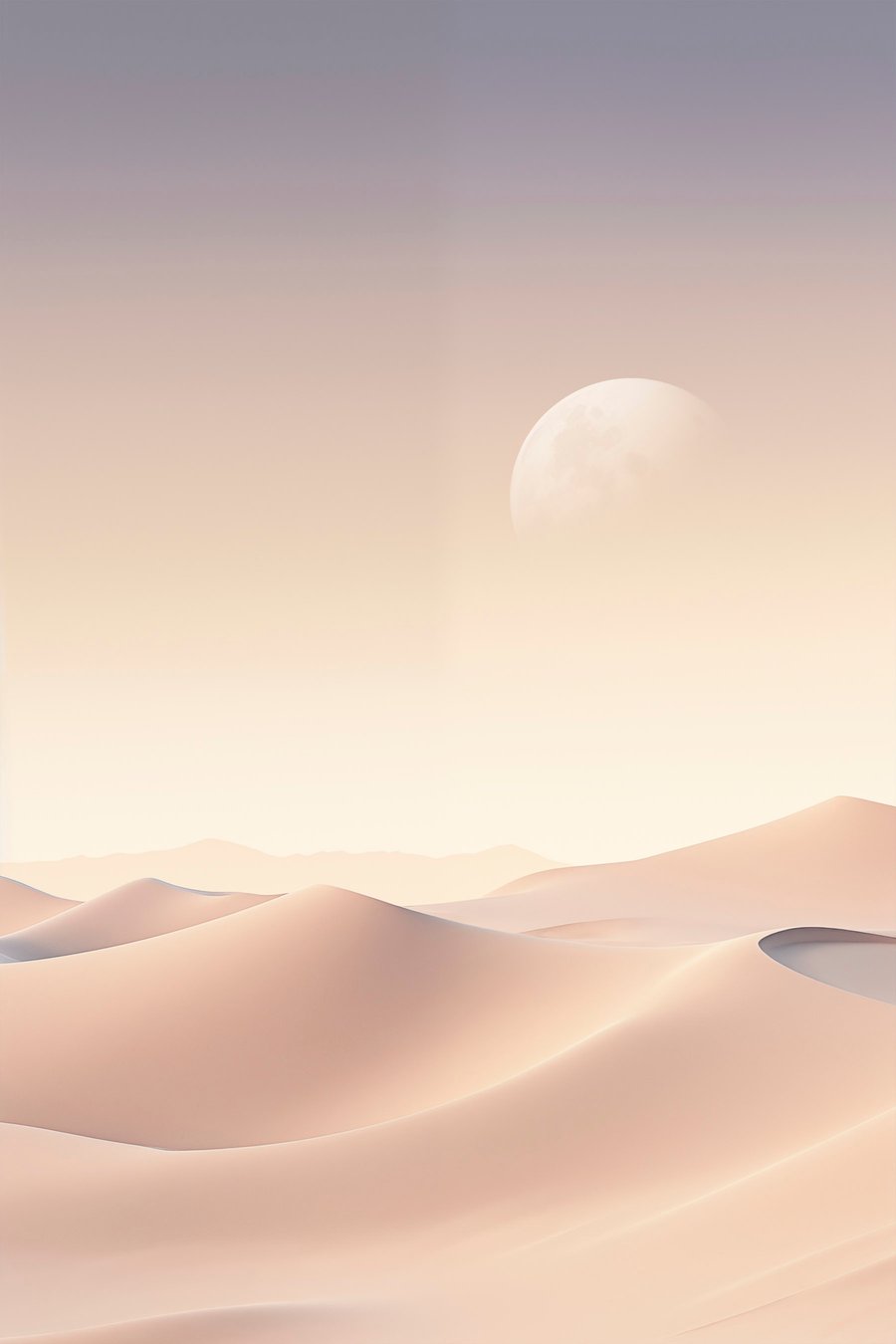 Een woestijnlandschap met glooiende zandduinen onder een zachte pastelkleurige lucht, met in de verte bergen op de achtergrond. — volledig ontwerp