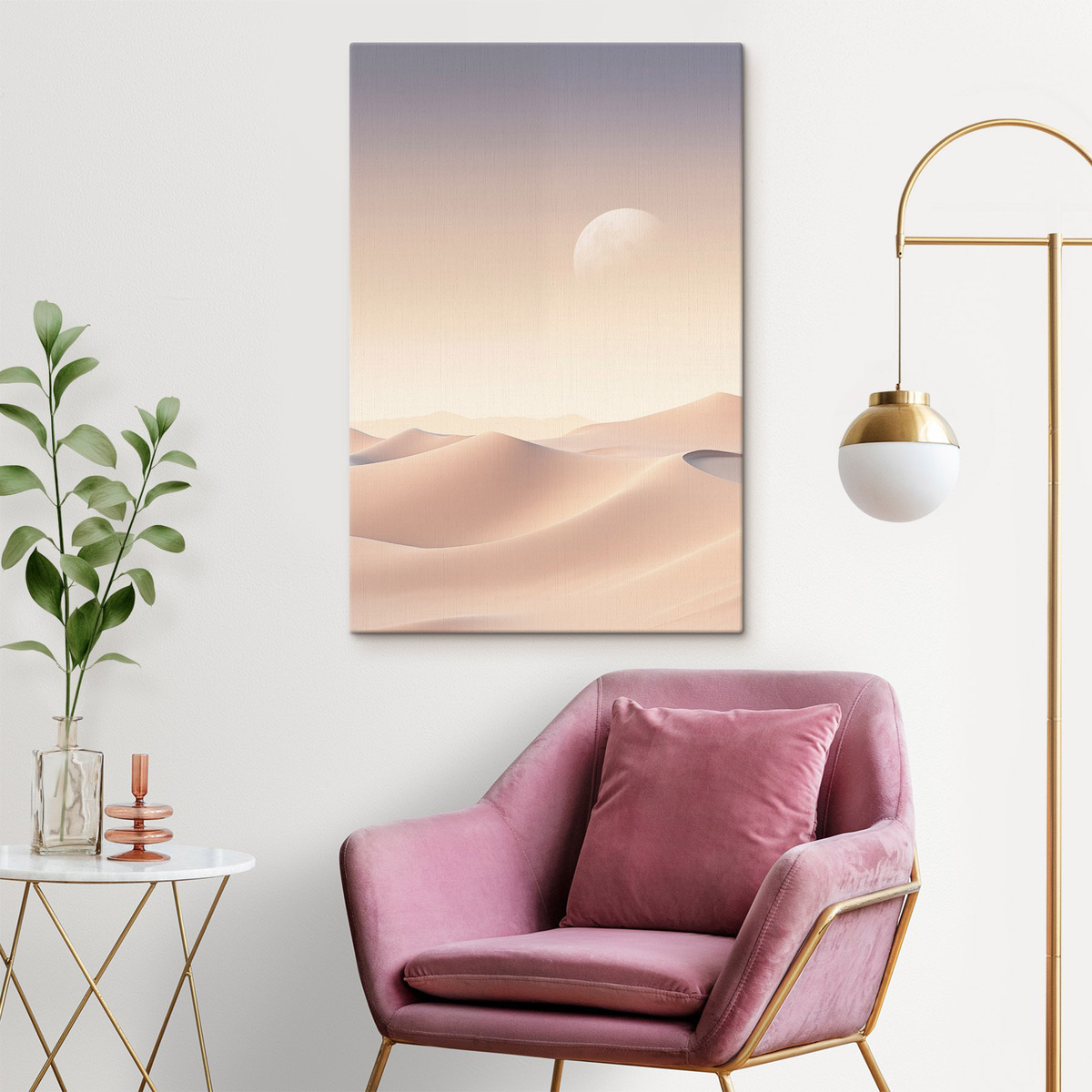 Een woestijnlandschap met glooiende zandduinen onder een zachte pastelkleurige lucht, met in de verte bergen op de achtergrond. — interieur 2