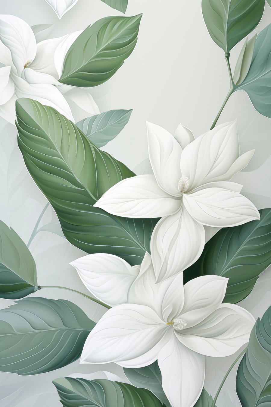 Witte bloemen met groene bladeren, pastelkleurige achtergrond — volledig ontwerp