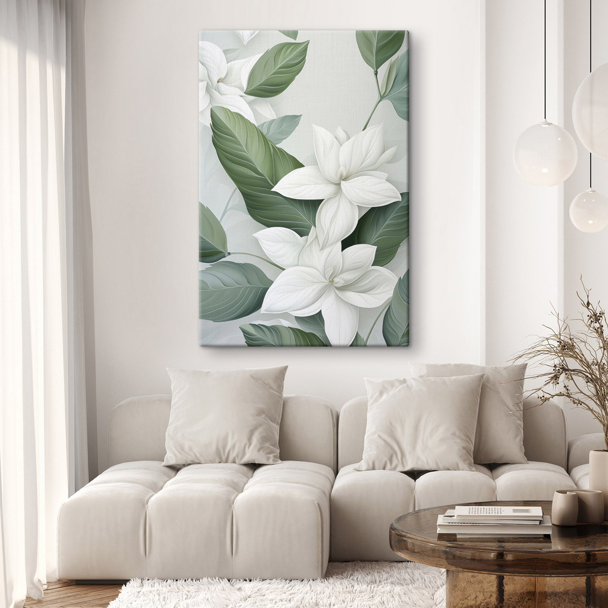 Witte bloemen met groene bladeren, pastelkleurige achtergrond — interieur 1