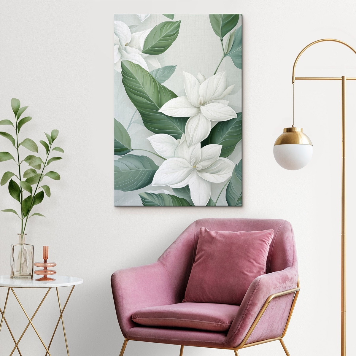 Witte bloemen met groene bladeren, pastelkleurige achtergrond — interieur 2