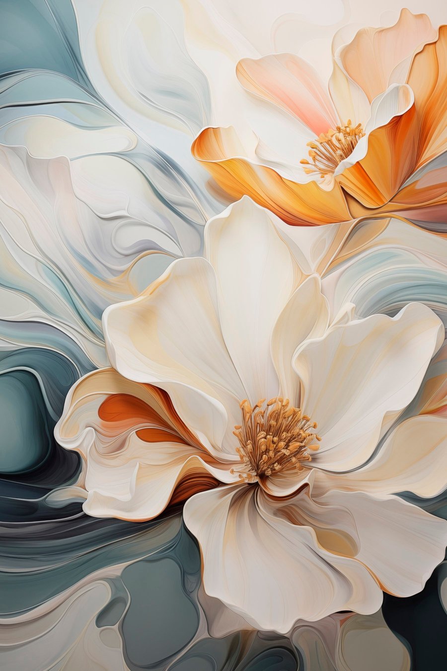 Abstracte grote bloem met witte, oranje en blauwgroene bloemblaadjes, gestructureerde achtergrond — volledig ontwerp