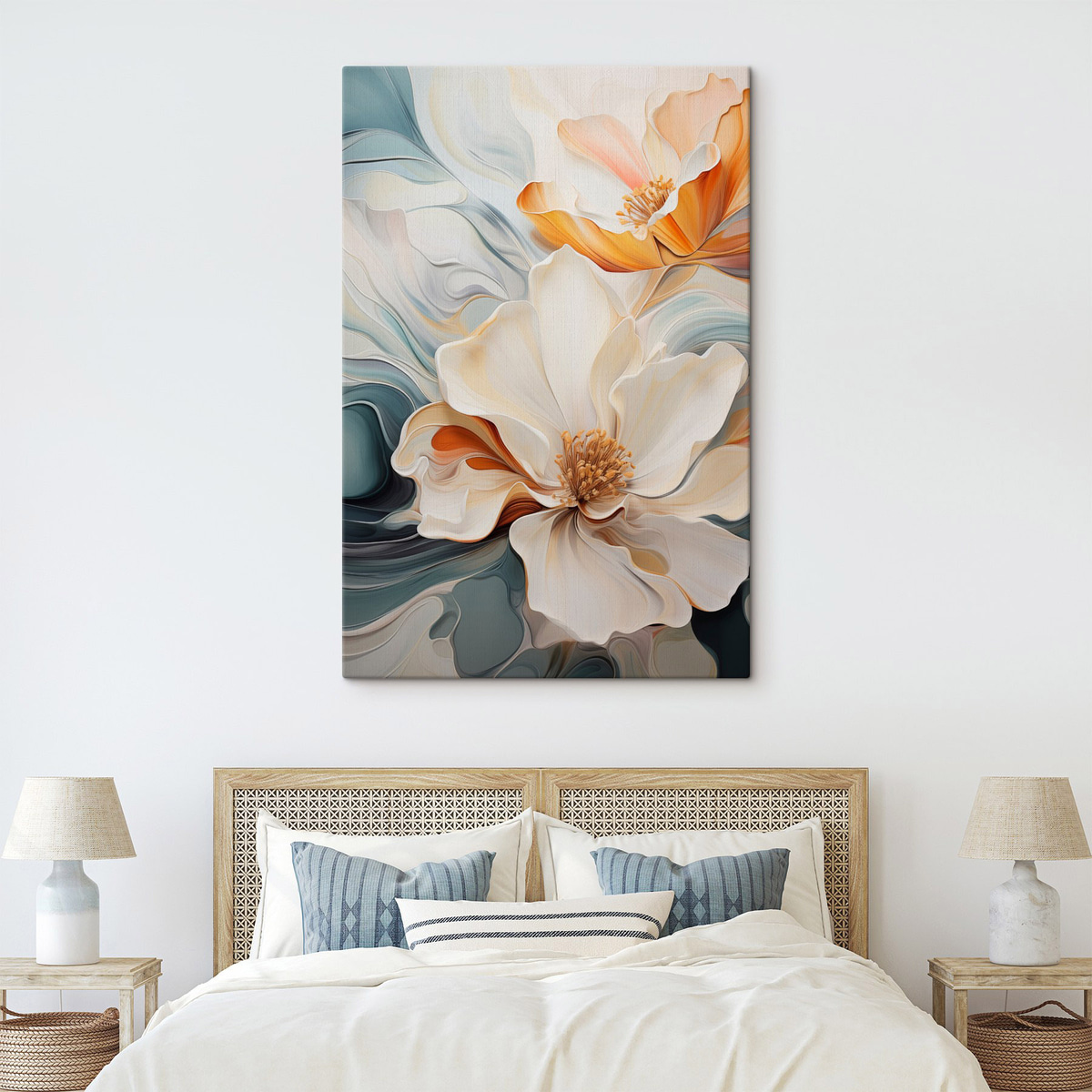 Abstracte grote bloem met witte, oranje en blauwgroene bloemblaadjes, gestructureerde achtergrond — interieur 1