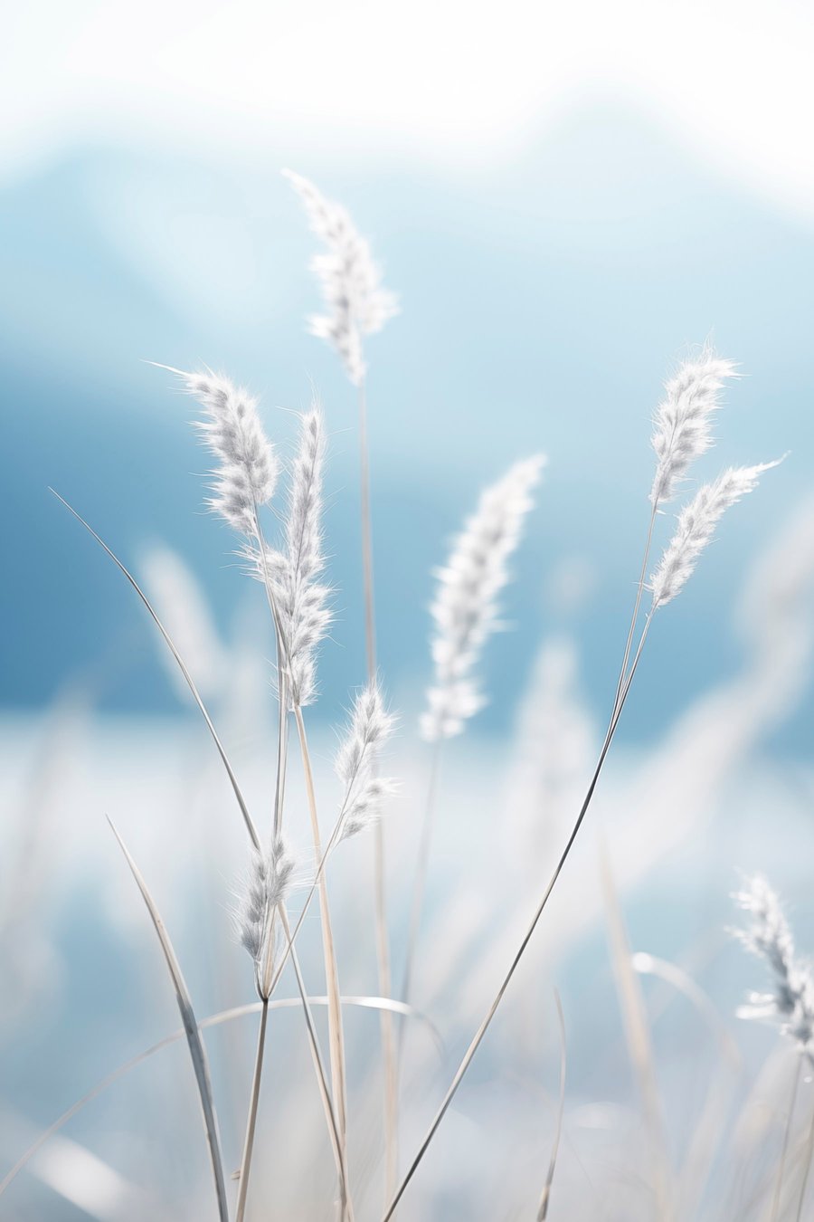 Wit pluizig gras tegen een zachtblauwe lucht, met een geringe scherptediepte — volledig ontwerp