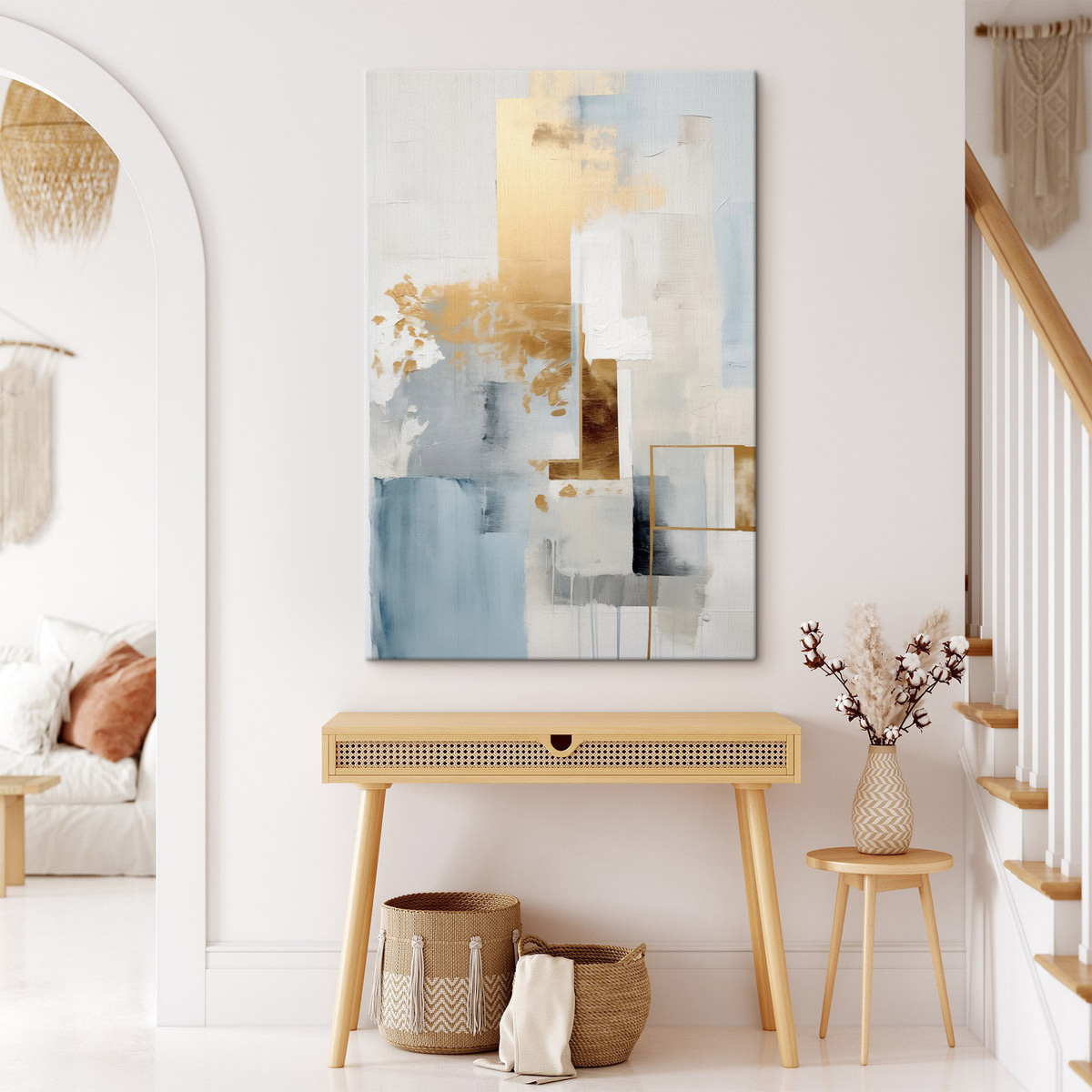 Abstracte geometrische vormen in geel, blauw en wit, met textuur en een minimalistische compositie. — interieur 1