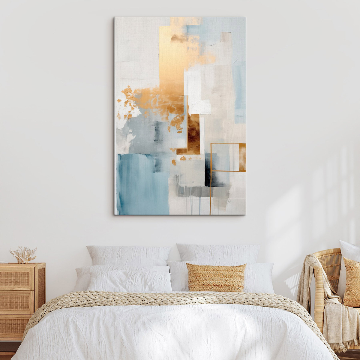 Abstracte geometrische vormen in geel, blauw en wit, met textuur en een minimalistische compositie. — interieur 2