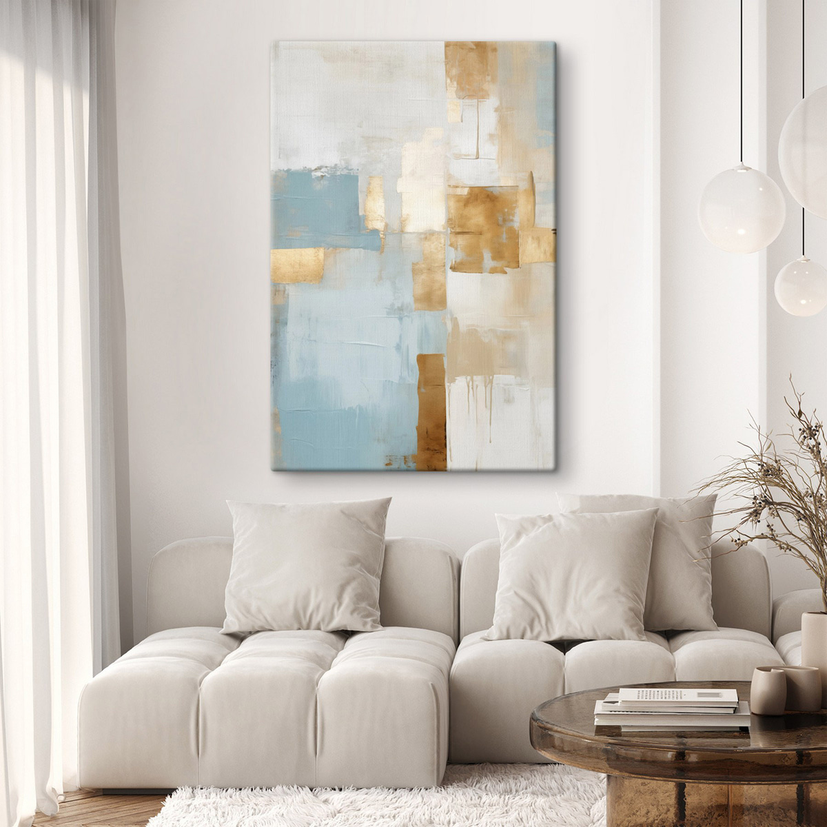 Abstracte geometrische vormen in geel, blauw en wit, met textuur en een minimalistische compositie. — interieur 1