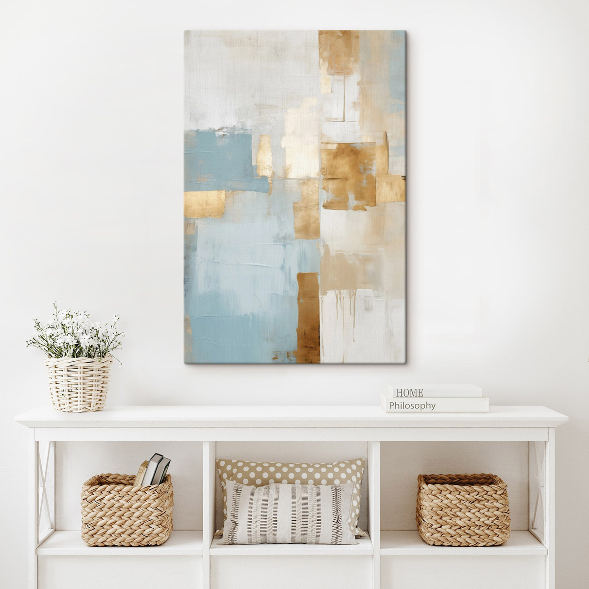 Abstracte geometrische vormen in geel, blauw en wit, met textuur en een minimalistische compositie. — interieur 2