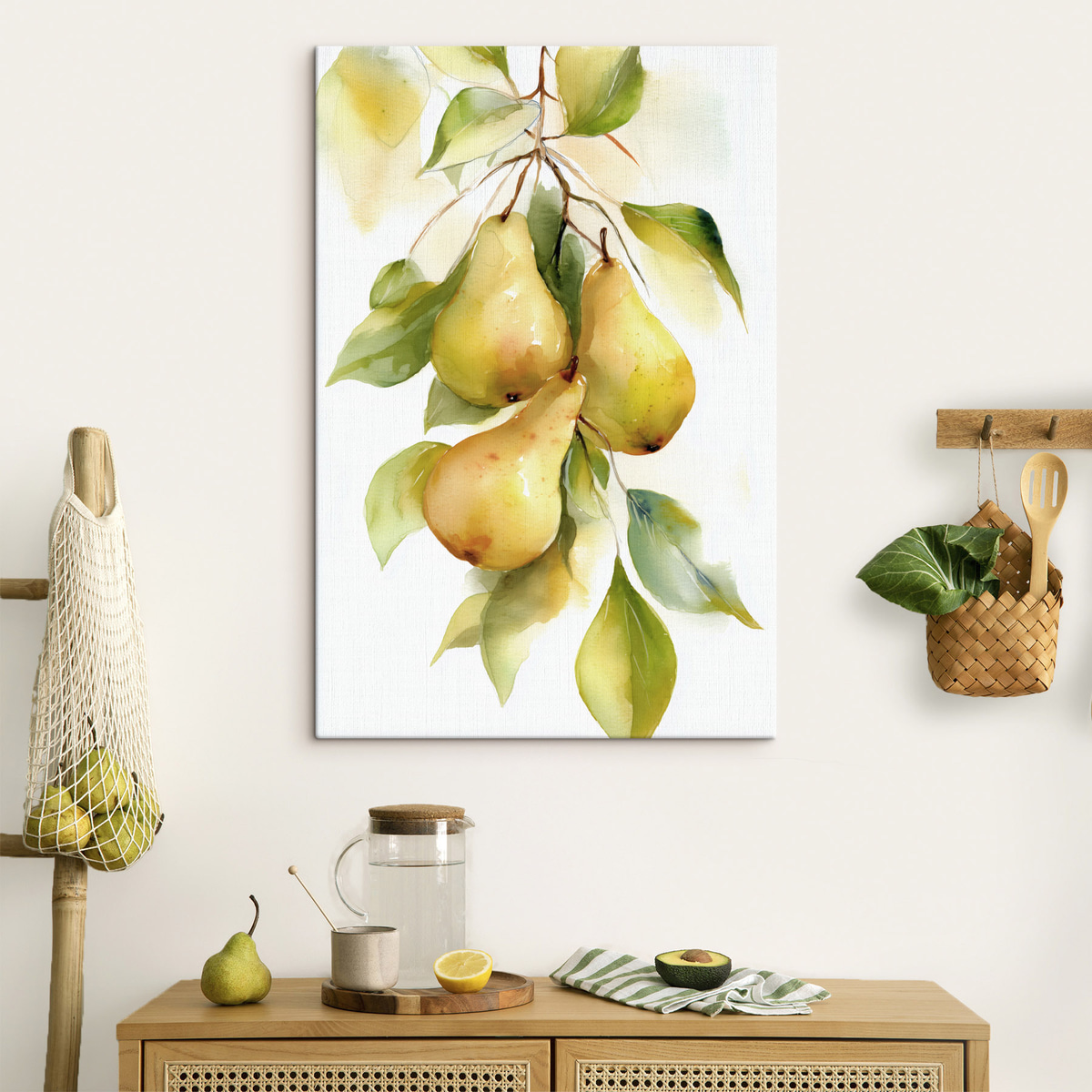 sappige gele peren in aquarelstijl in een interieur