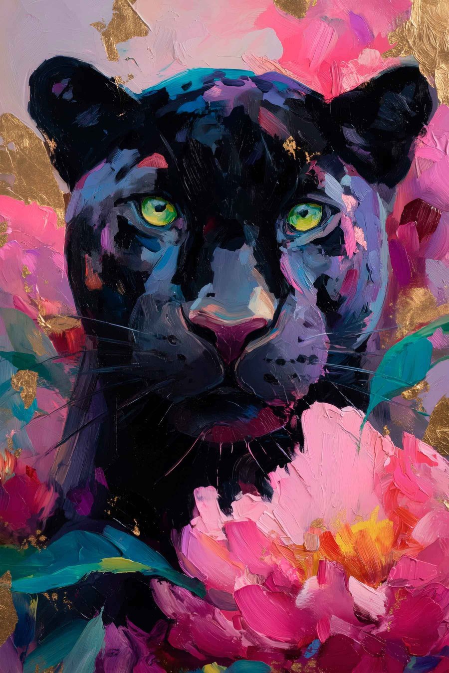zwarte panter tussen pioenrozen — volledig ontwerp