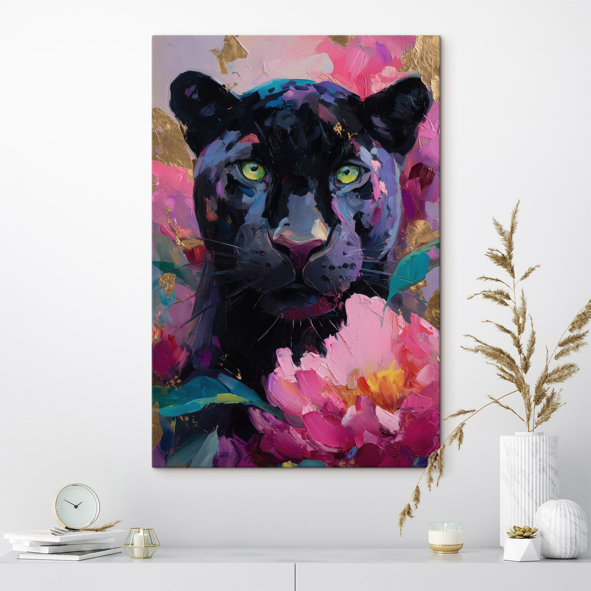 zwarte panter tussen pioenrozen — interieur 1