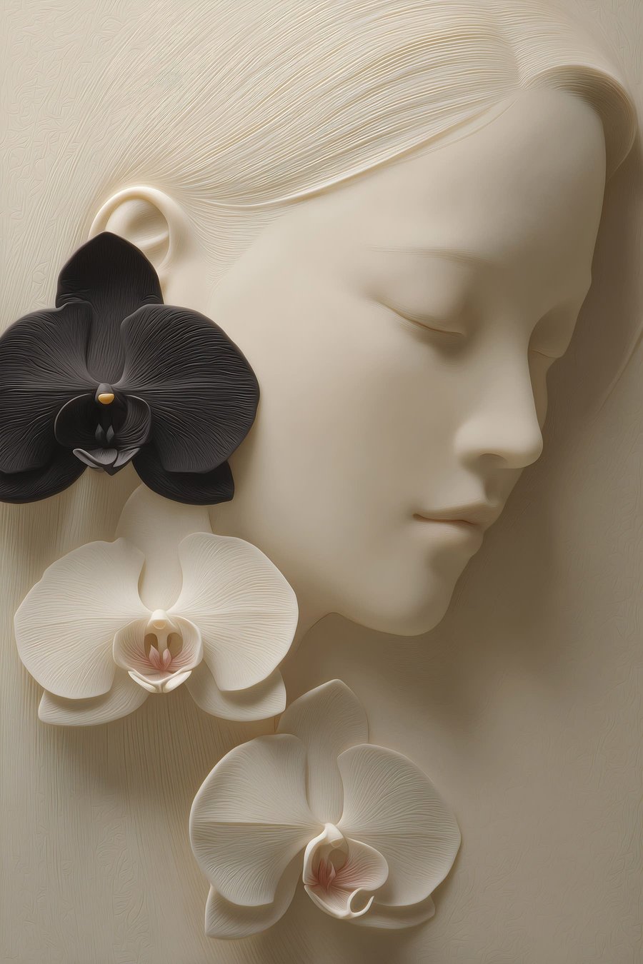 meisje met orchideeën in bas-reliëfstijl — volledig ontwerp