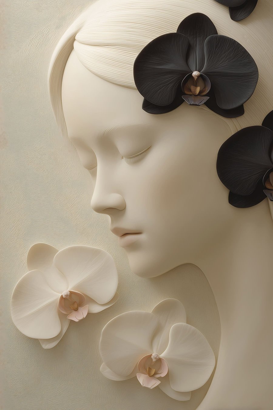 meisje met orchideeën in bas-reliëfstijl — volledig ontwerp
