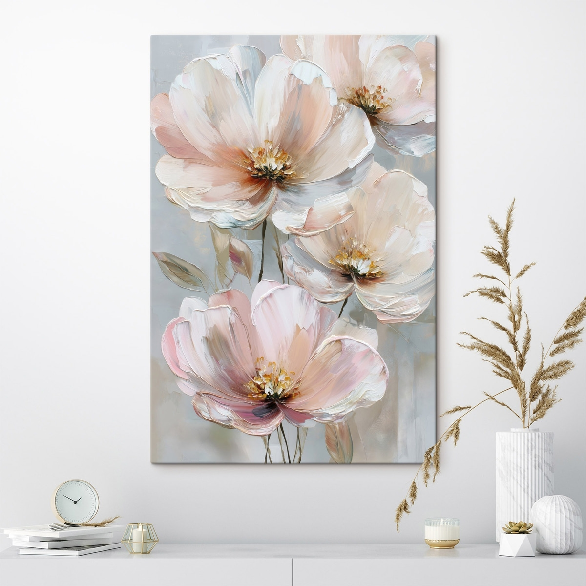 Witroze bloemen met expressieve penseelstreken in een olieverfstijl — interieur 1