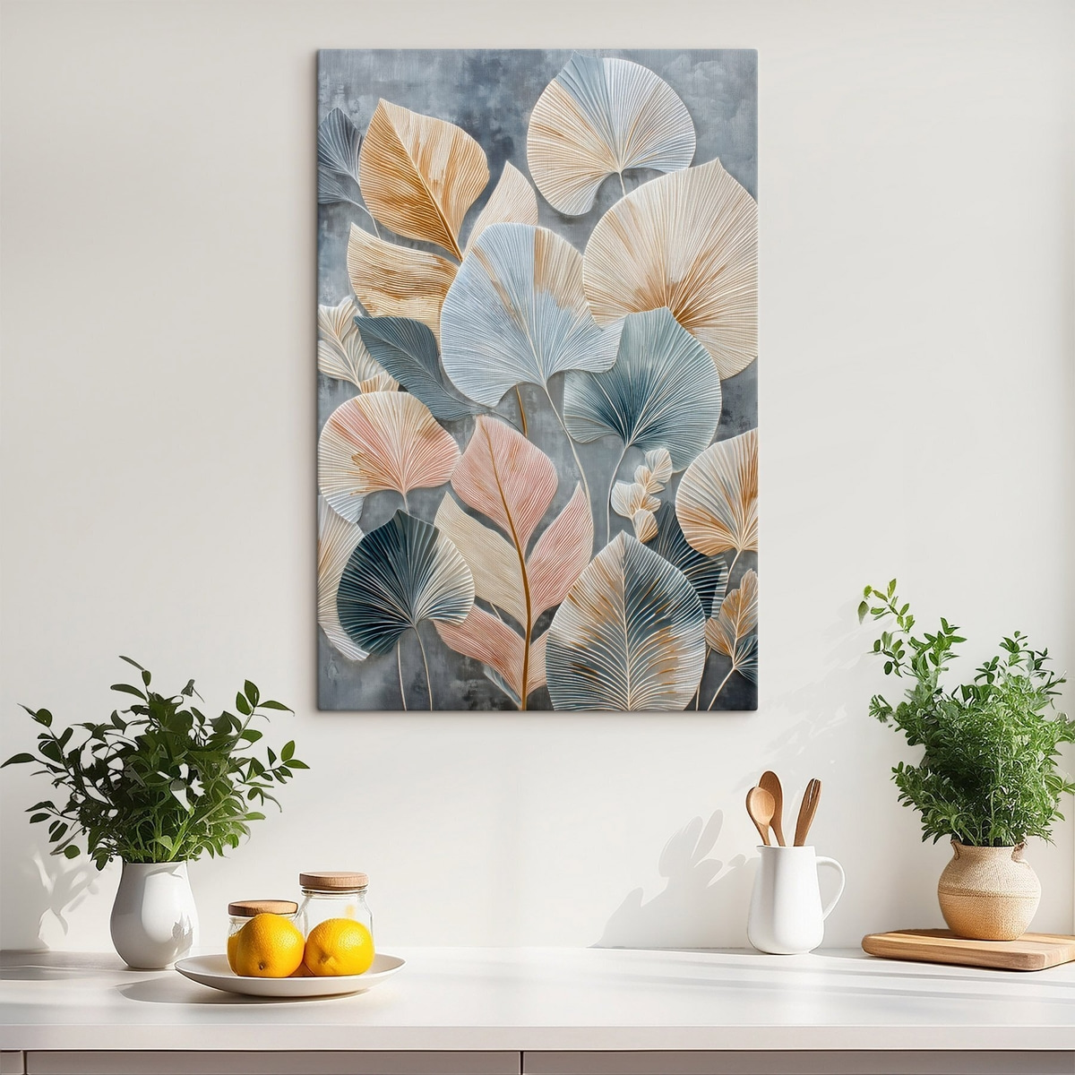Veelkleurig decoratief blad met uitgesproken textuur op een donkere achtergrond — interieur 3