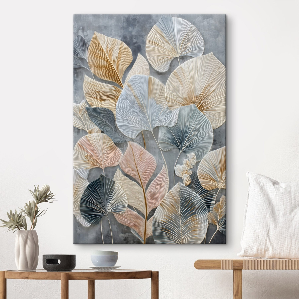 Veelkleurig decoratief blad met uitgesproken textuur op een donkere achtergrond — interieur 1