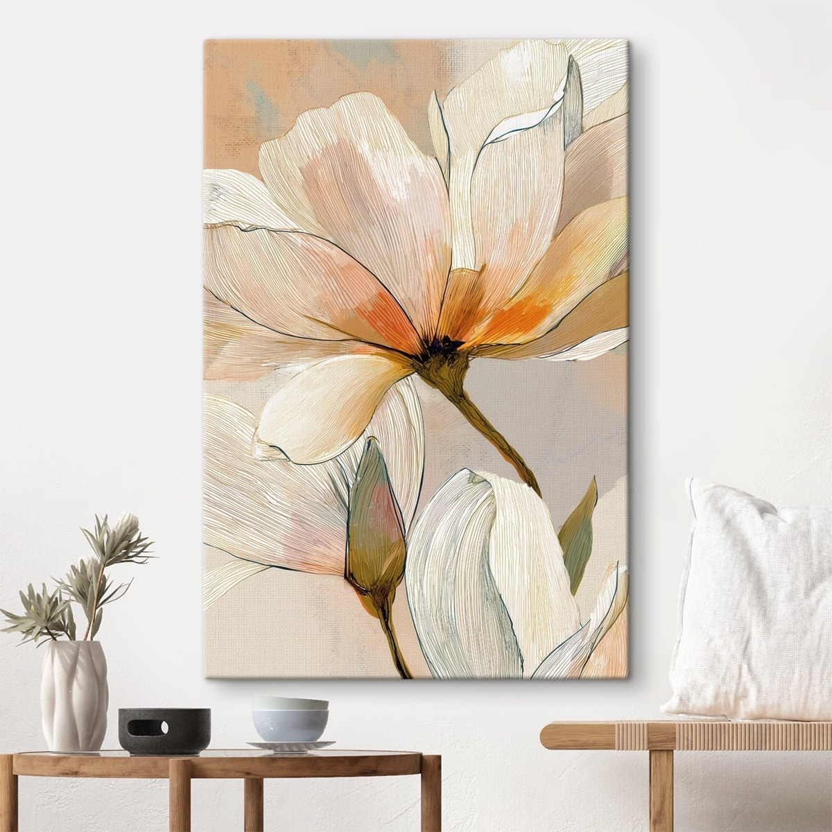 Bloemstuk in perzik- en blauwtinten — interieur 1