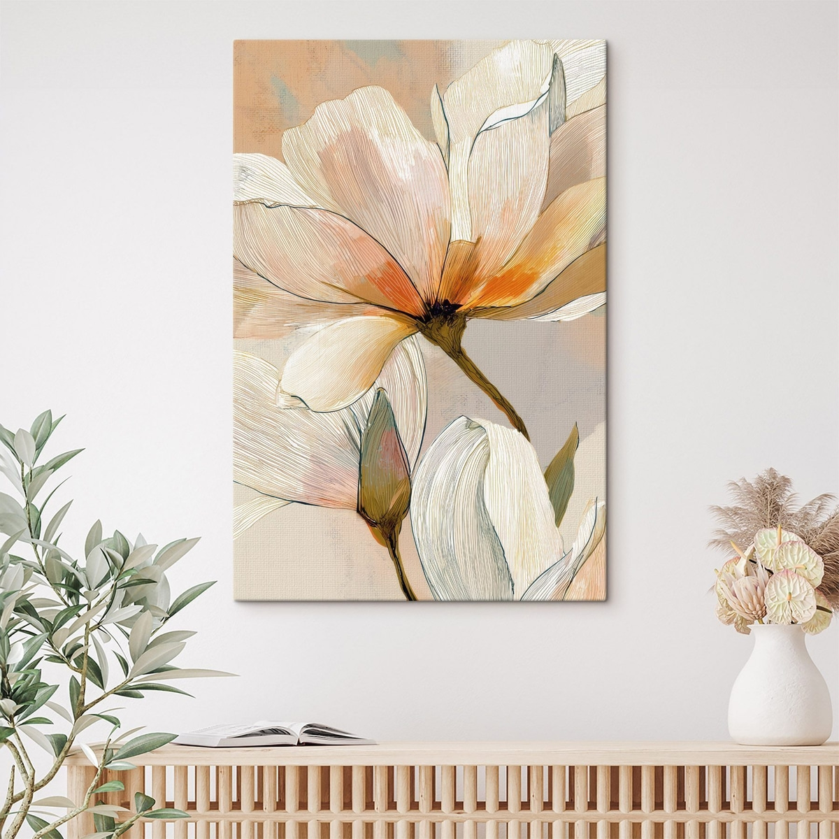 Bloemstuk in perzik- en blauwtinten — interieur 2