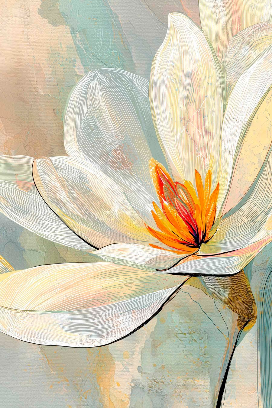 Abstracte magnolia's in een pastelkleurenpalet met nadruk op lineaire grafische elementen — volledig ontwerp