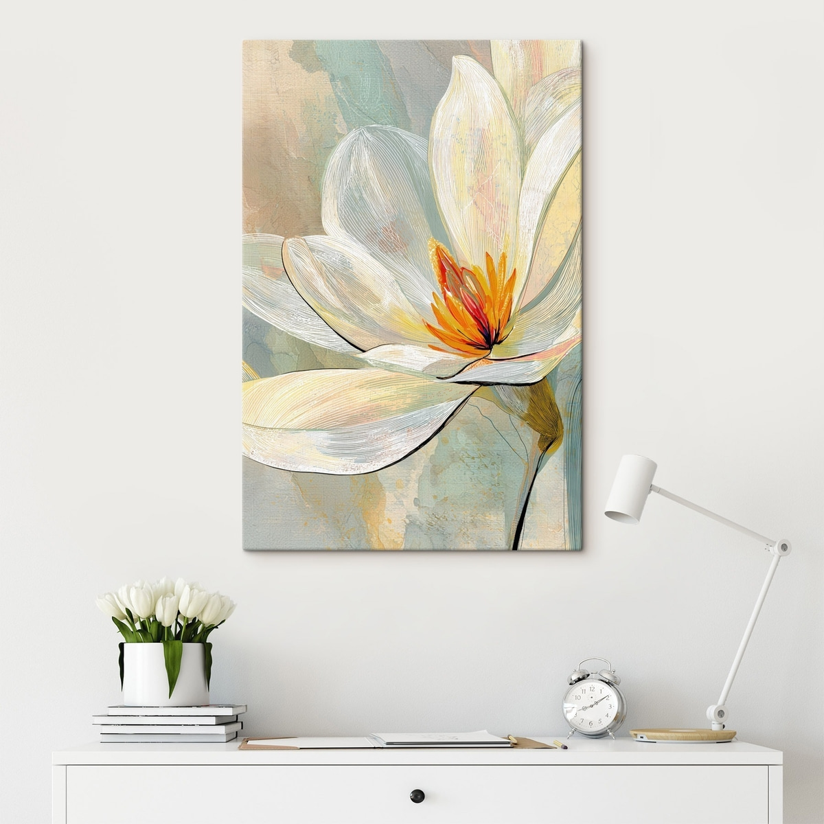 Abstracte magnolia's in een pastelkleurenpalet met nadruk op lineaire grafische elementen — interieur 3