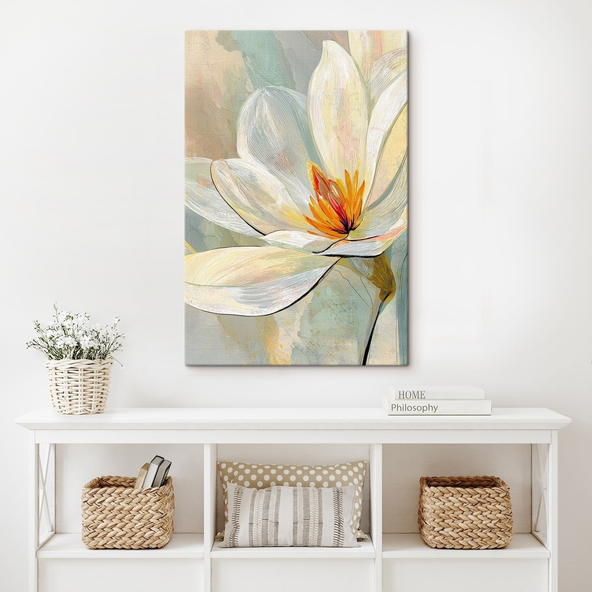 Abstracte magnolia's in een pastelkleurenpalet met nadruk op lineaire grafische elementen — interieur 2