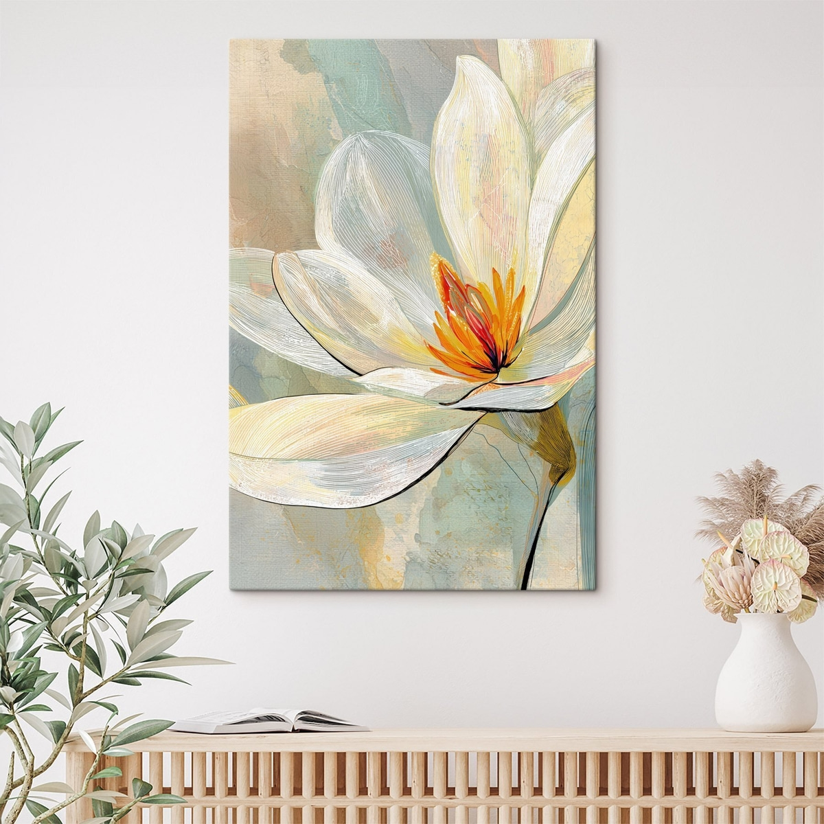 Abstracte magnolia's in een pastelkleurenpalet met nadruk op lineaire grafische elementen — interieur 1