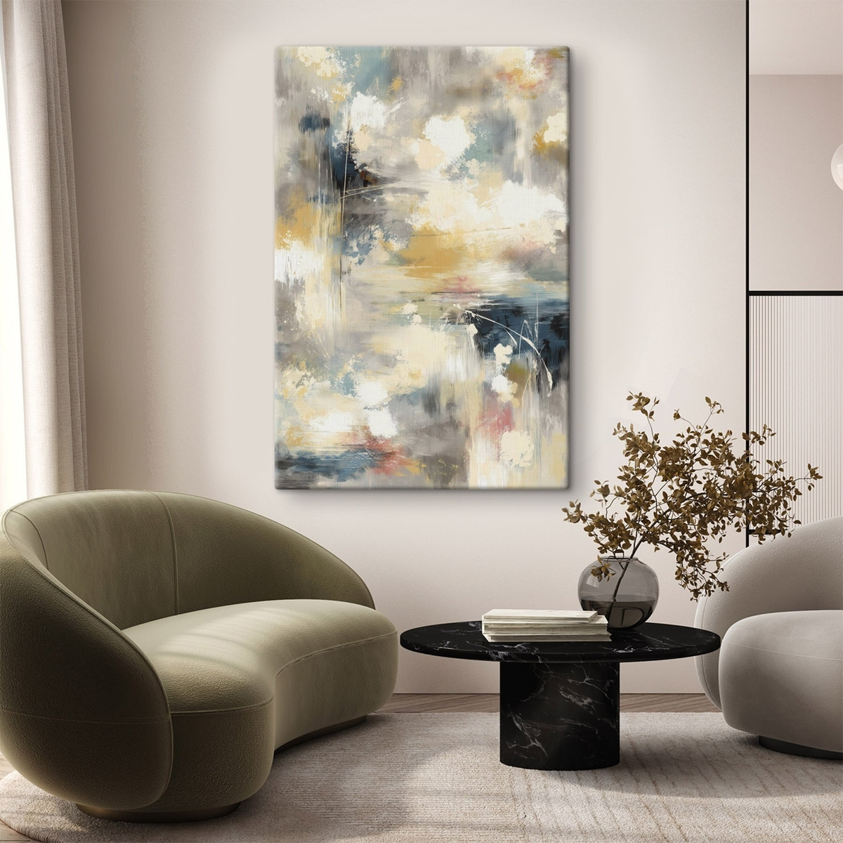 Abstracte kunstwerken in gedempte tinten in een minimalistische stijl — interieur 1