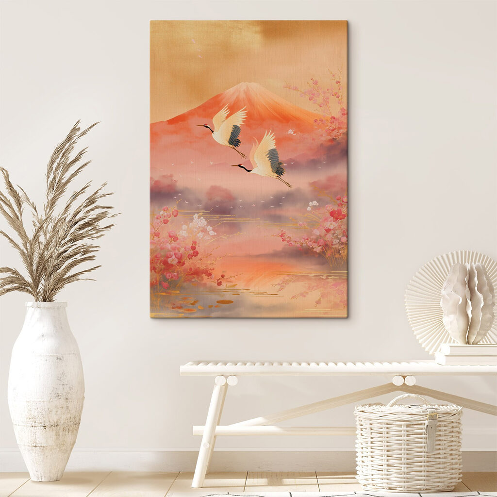 Schilderij van vogels die over een berg vliegen in een interieur