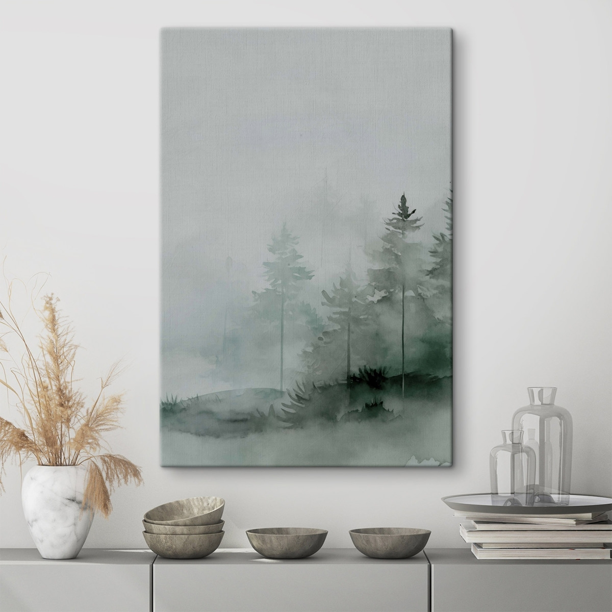 Dennenbomen in het bos, imitatie aquarel — interieur 1