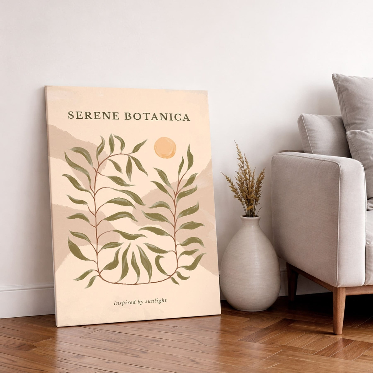 Botanische poster met tekst 'Serene Botanica' — interieur 1