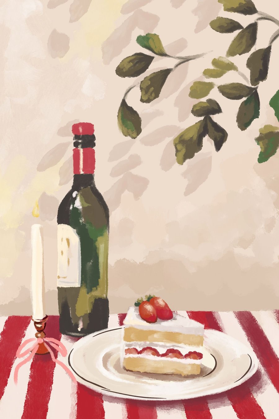 Stilleven met wijn, kaars en cake — volledig ontwerp