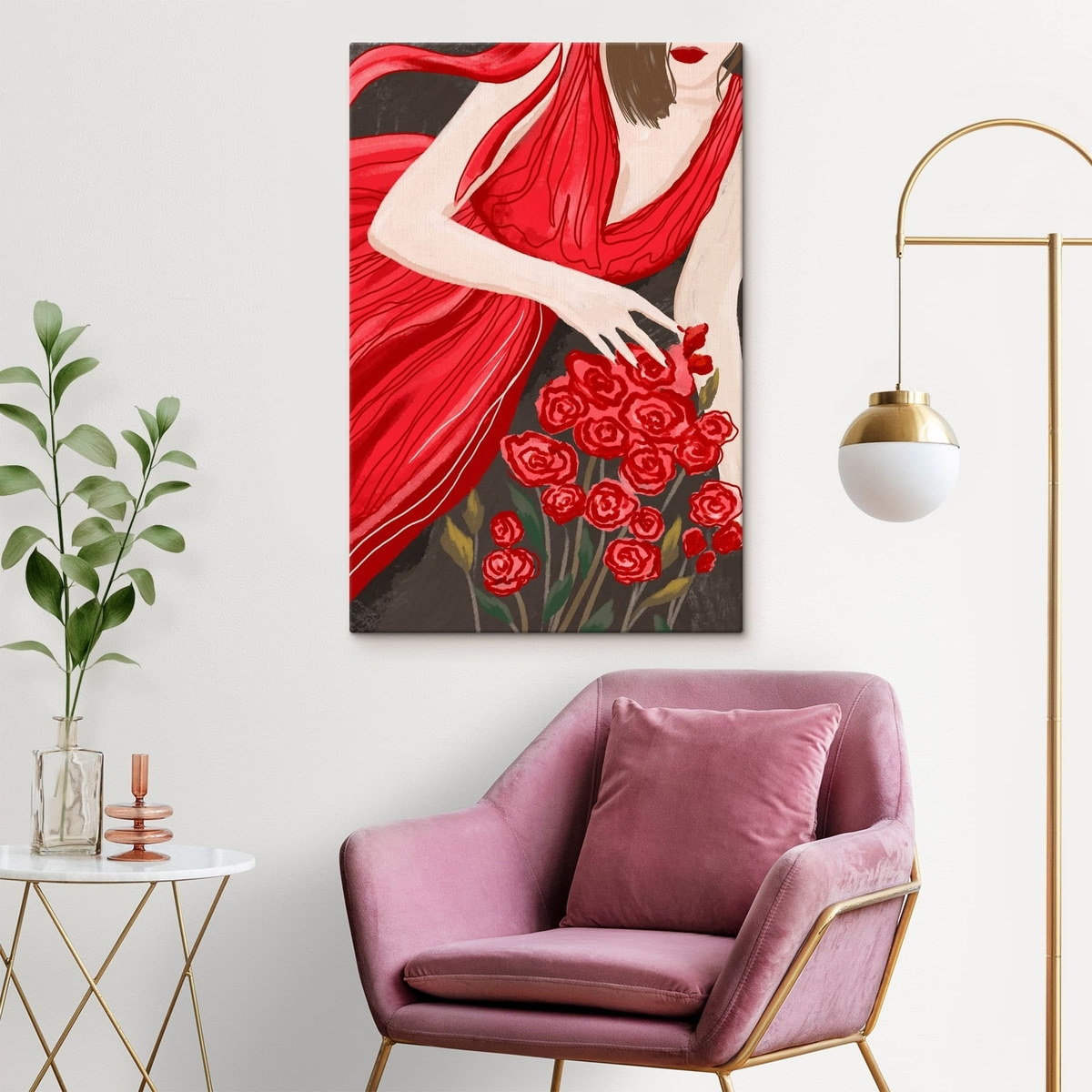 Vrouw in rode jurk met rozenboeket — interieur 2