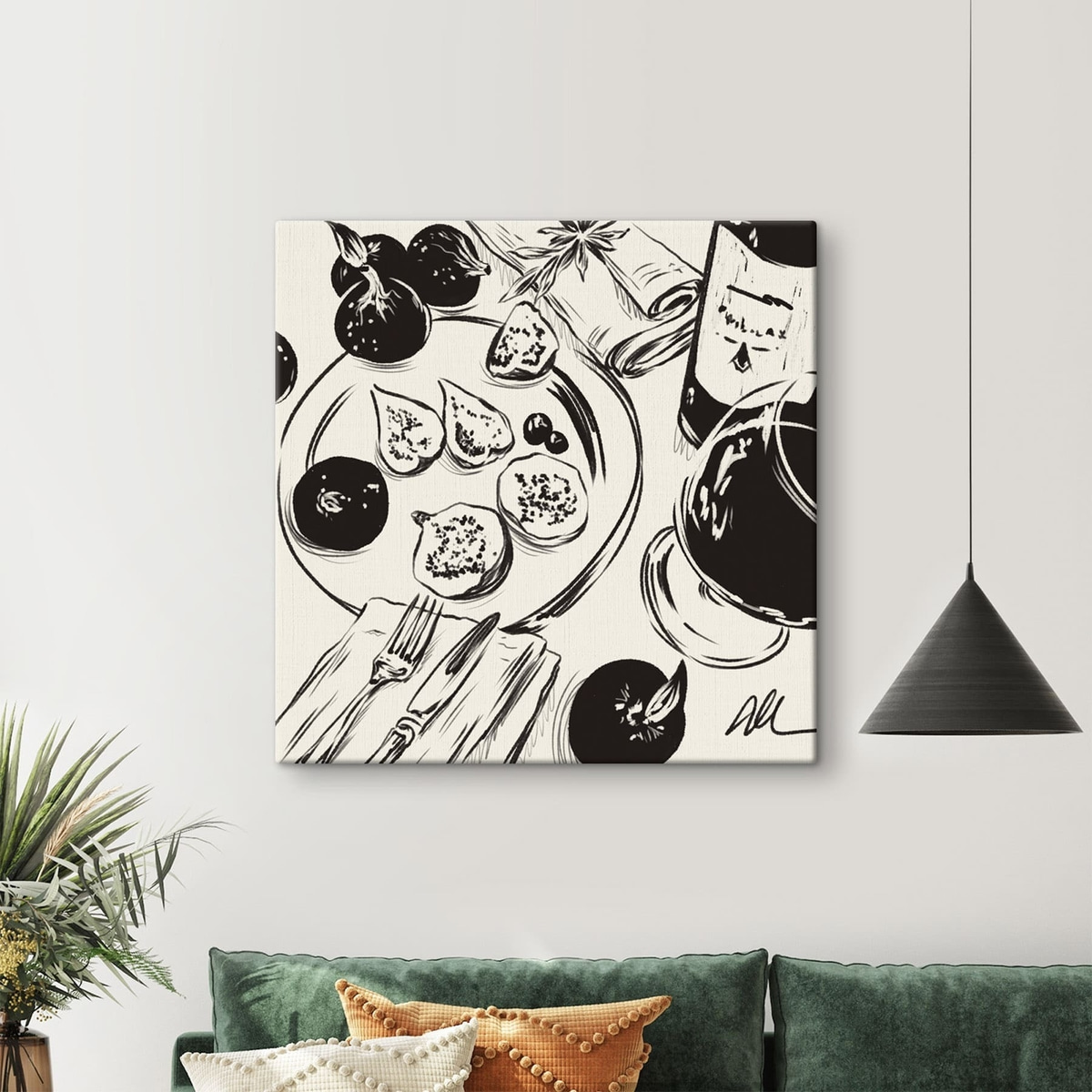 Zwart-witte schets van een tafel met fruit en een glas in een interieur
